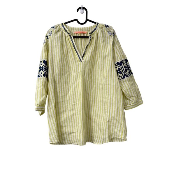 Vilagallo Chartreuse Navy Embroidered Striped Linen Peasant Blouse Womens Large - Picture 1 of 6